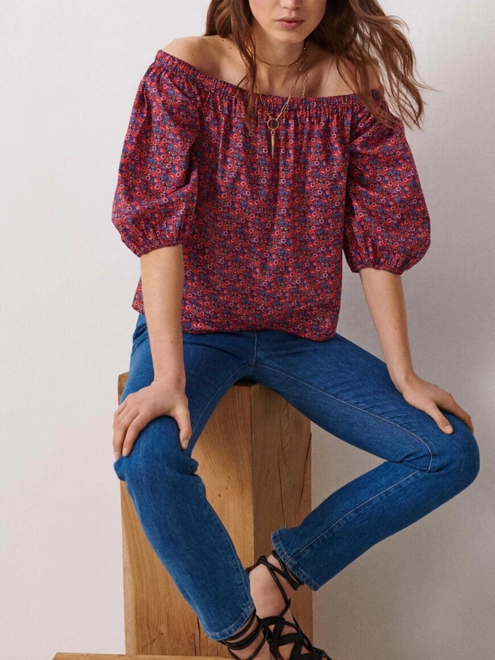BA&SH FUSTAVE Ditsy Floral Cotton Poplin Off-Shoulder Peasant Top Size XS